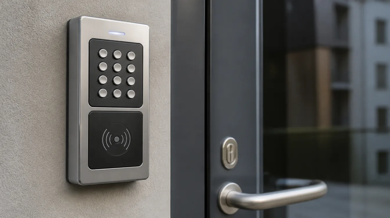 Close-up of a wall-mounted keypad and fob access control reader beside an apartment door