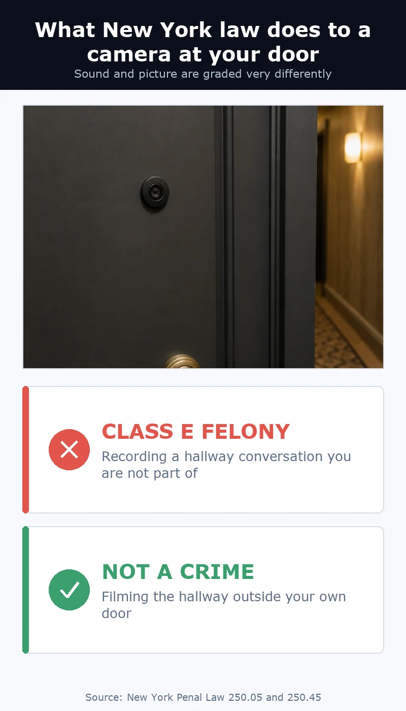 Stacked view: hallway audio you are not part of is a class E felony in New York, filming the hallway is not a crime