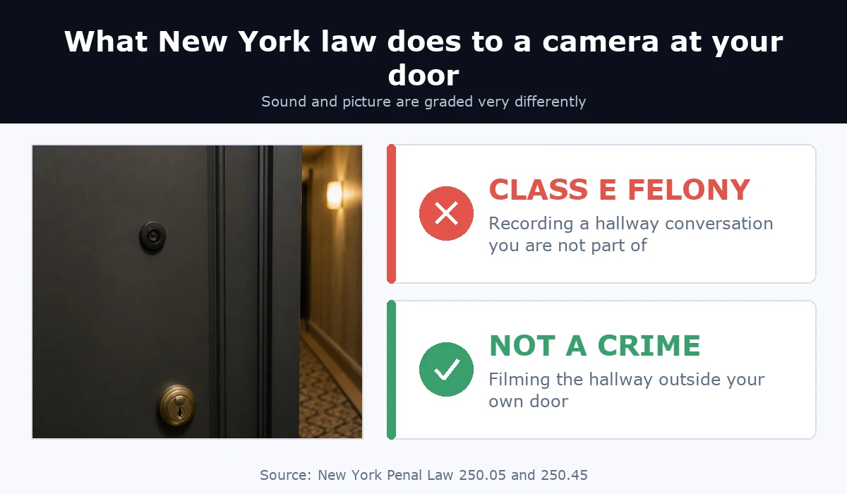 Recording a hallway conversation you are not part of is a class E felony, while filming the hallway itself is not a crime