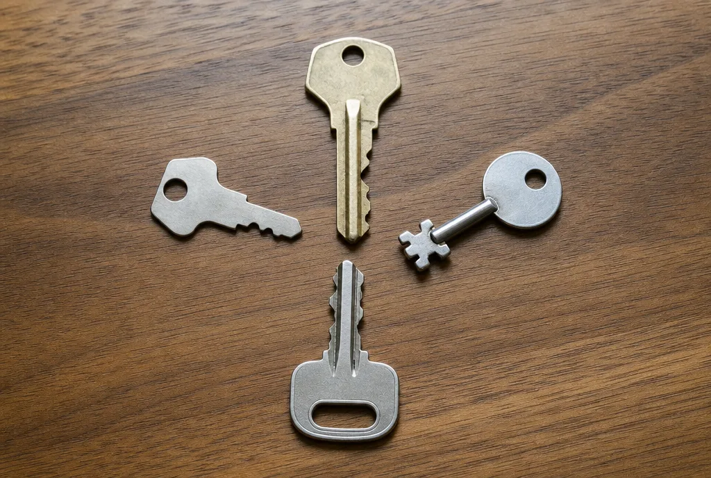 A ring of keys for a NYC apartment including a mailbox key, building entry key, and laundry room key