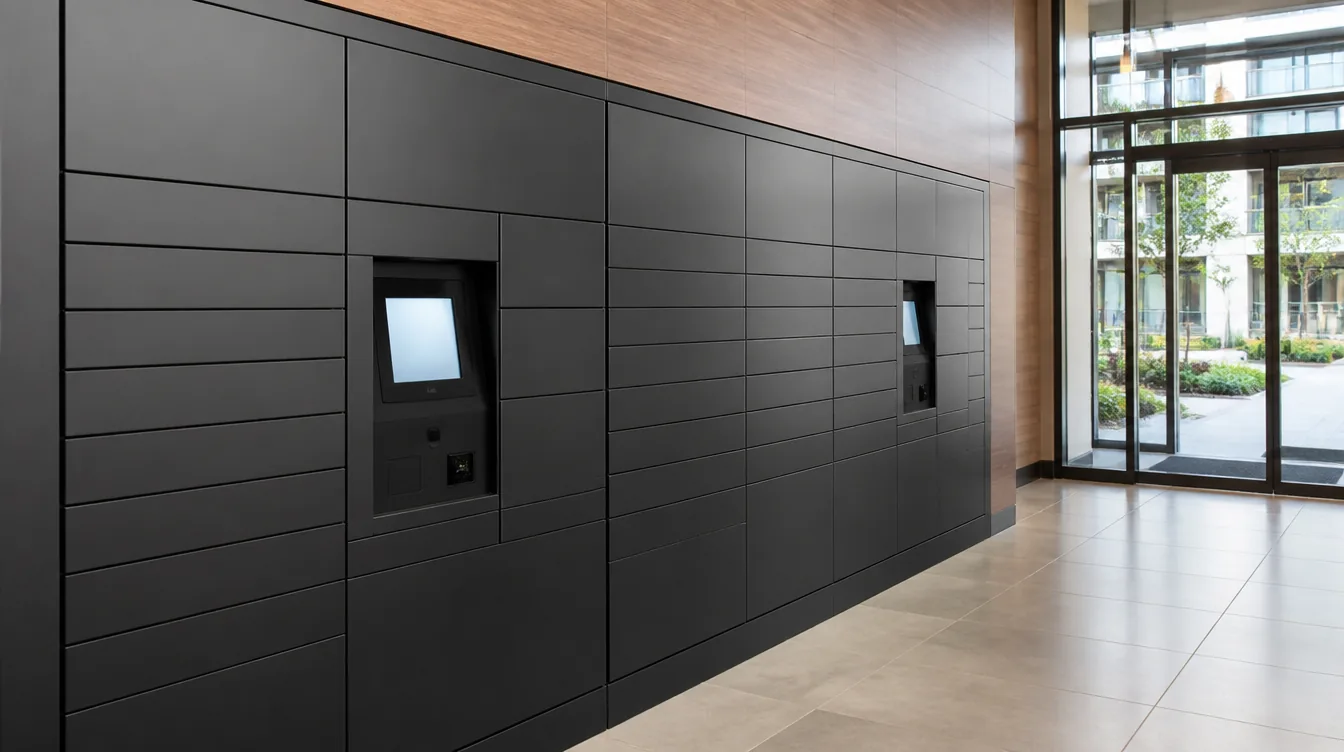 A bank of smart parcel lockers in a New York City apartment building lobby
