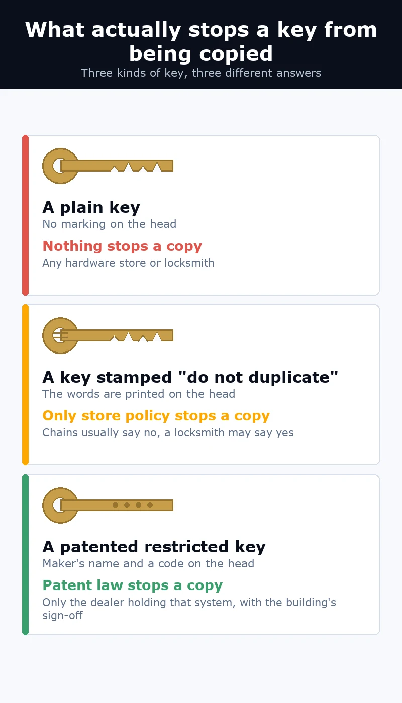 Stacked comparison of a plain key, a do not duplicate stamped key, and a patented restricted key and what stops each copy