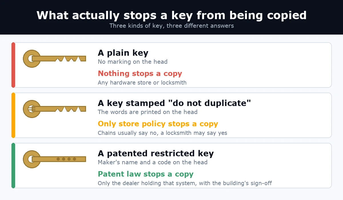 Three key types compared: plain key anyone can cut, stamped key stopped only by policy, patented key stopped by patent law