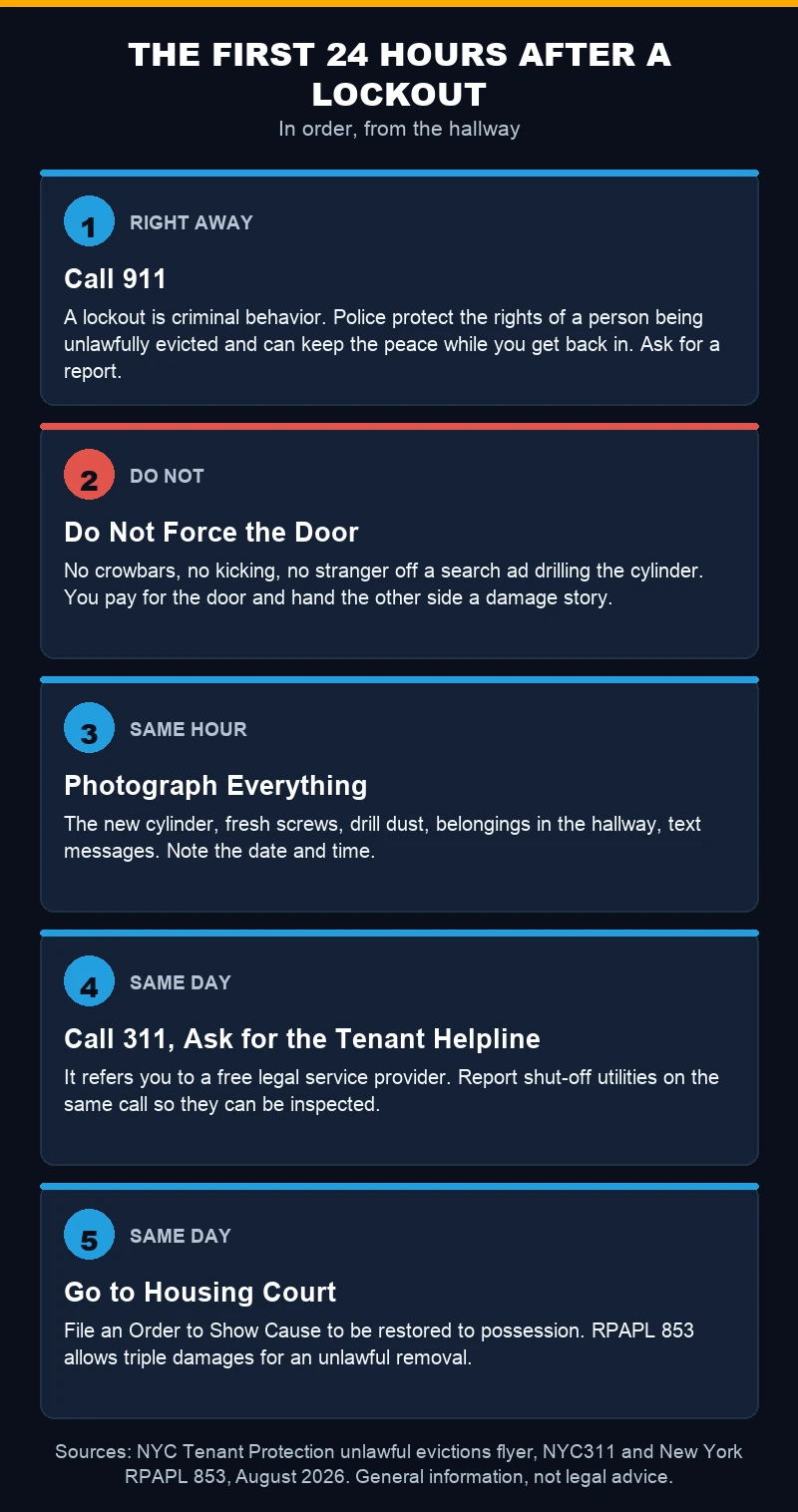 Mobile chart of the first 24 hours after a NYC landlord changes the locks, with the police, 311 and court steps