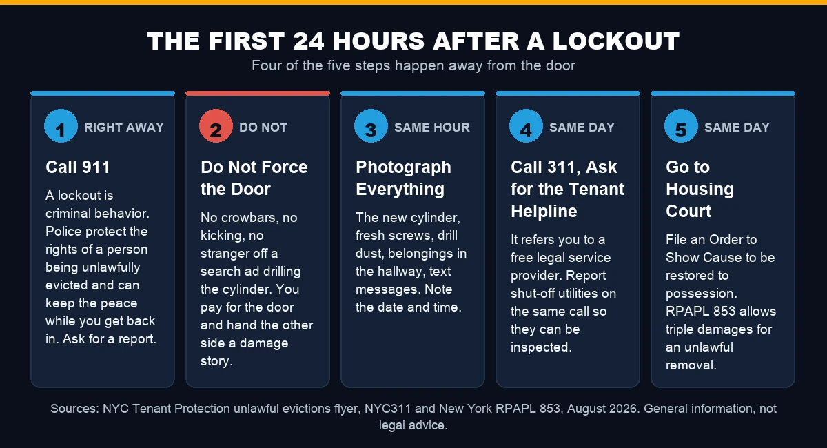 Five-step chart of what to do in the first 24 hours of an illegal lockout in NYC, from calling 911 to Housing Court