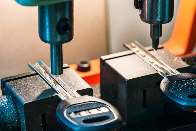 Key duplication machine cutting a new house key