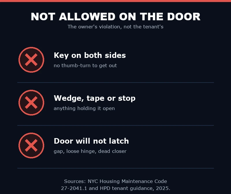 Mobile diagram of three things not allowed on a NYC apartment door, stacked vertically