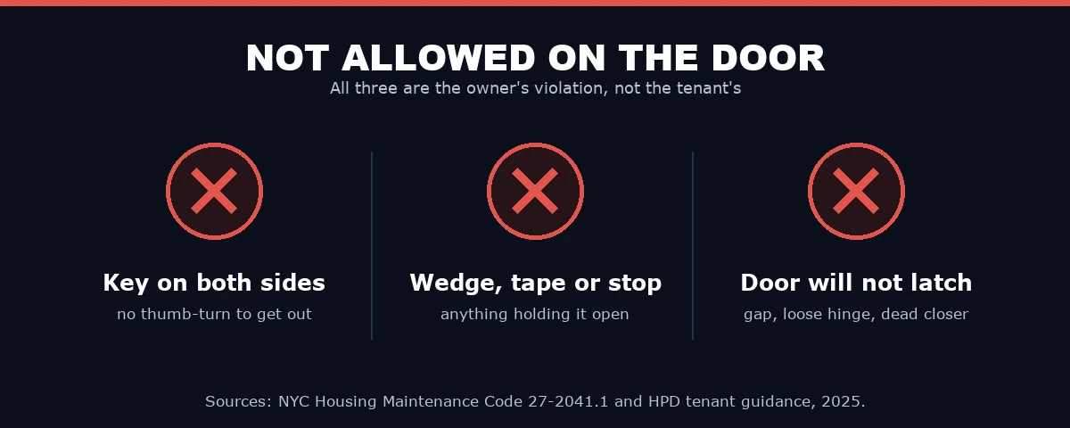 Diagram of three things not allowed on a NYC apartment door: a deadbolt keyed on both sides, a wedge or tape holding the door open, and a door that no longer latches