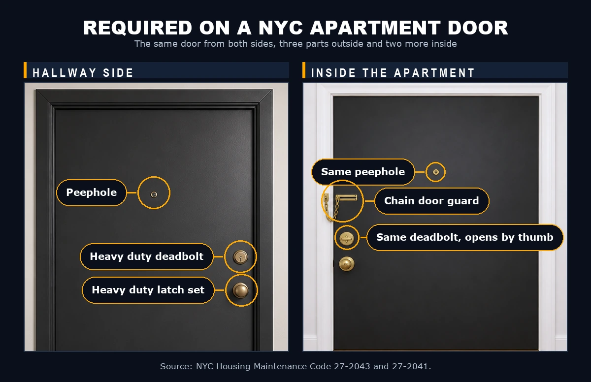 Split view of the same closed NYC apartment door, hallway side and inside, with the required parts marked: peephole, heavy duty deadbolt and latch set outside, thumb-turn and chain door guard inside