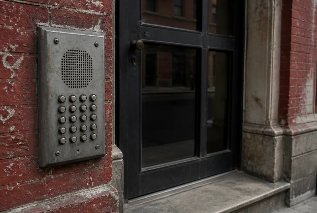 Street-level intercom and buzzer panel beside the locked entrance door of a NYC walkup apartment building
