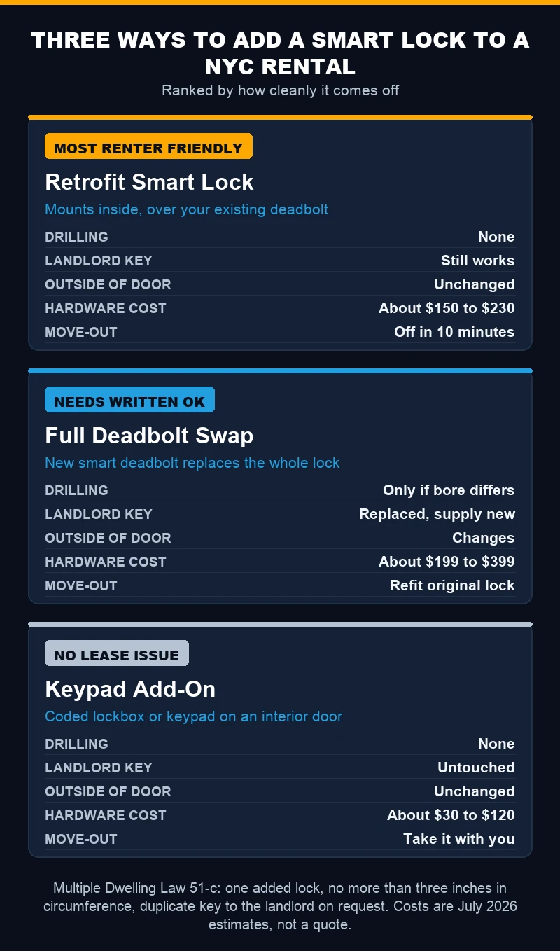 Mobile diagram comparing three renter-friendly smart lock options for NYC apartments