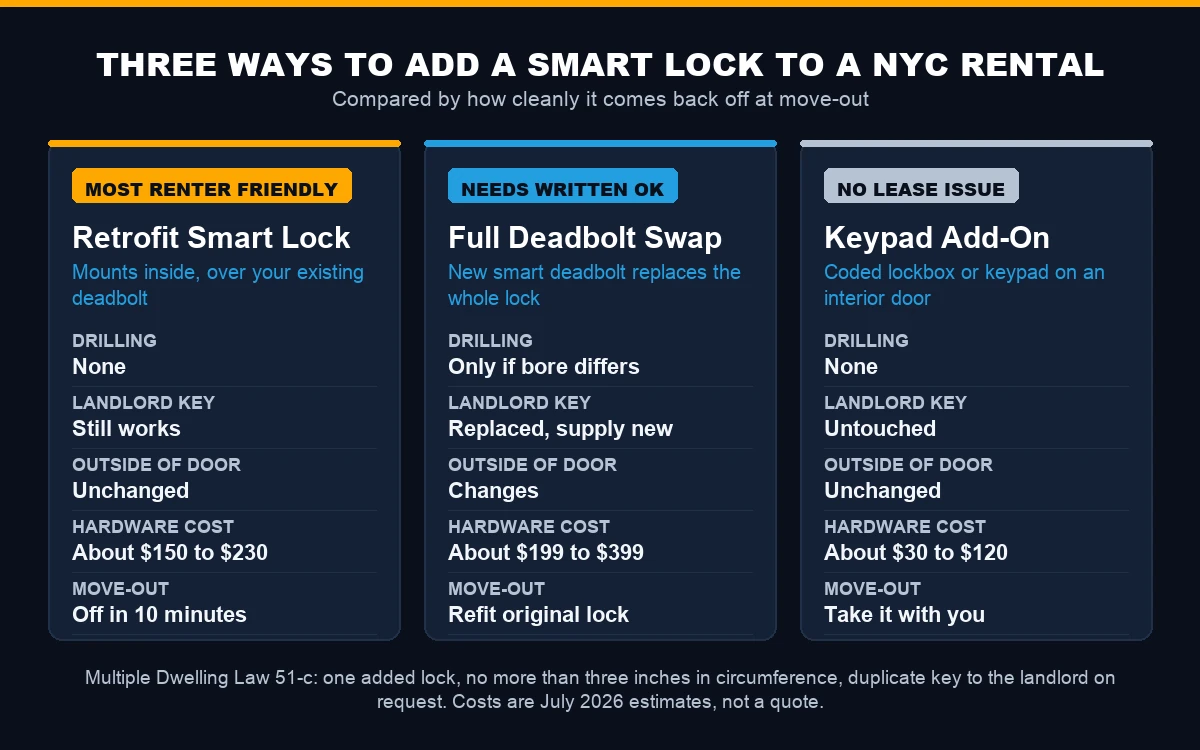 Diagram comparing a retrofit interior smart lock, a full deadbolt swap, and a keypad add-on for NYC renters
