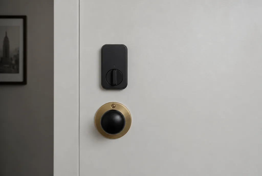 Retrofit smart lock module mounted on the interior side of an existing apartment deadbolt