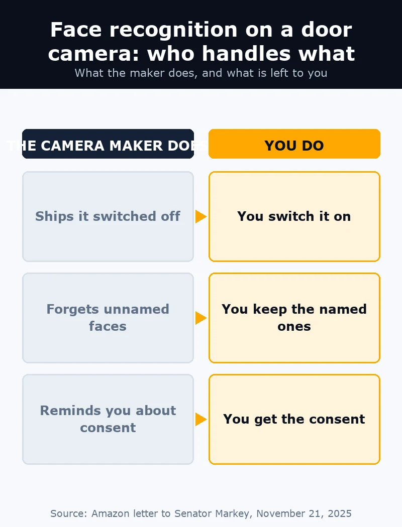 Stacked split of door camera face recognition duties: the maker ships it switched off, the owner gets everyone's consent