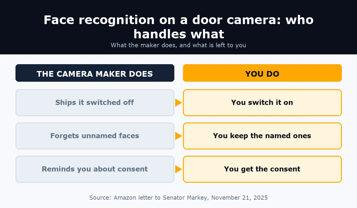 Door camera face recognition: the maker ships it off and deletes unnamed faces, while consent is left to the camera owner