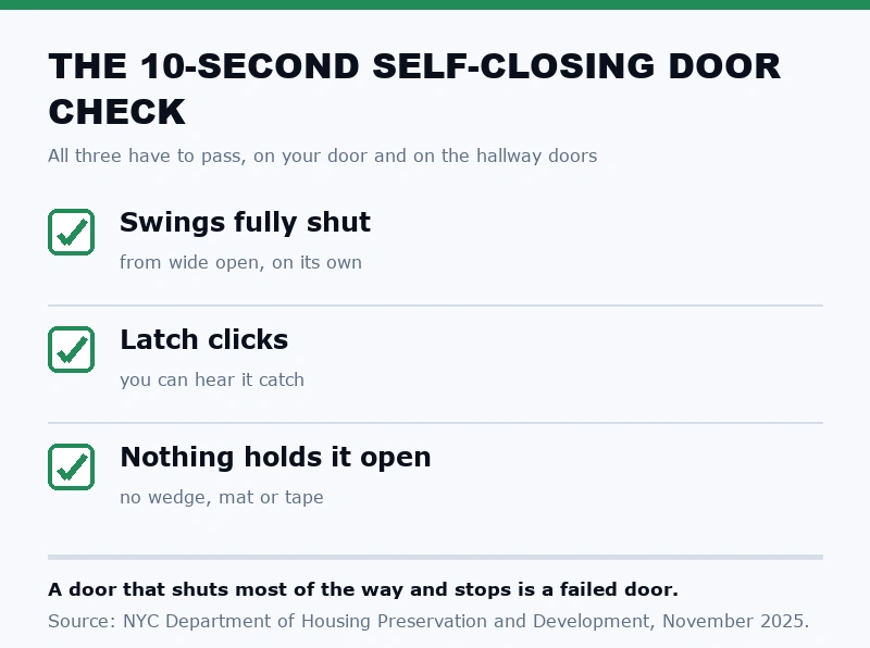 Mobile three-point self-closing door check for a NYC apartment door, stacked vertically