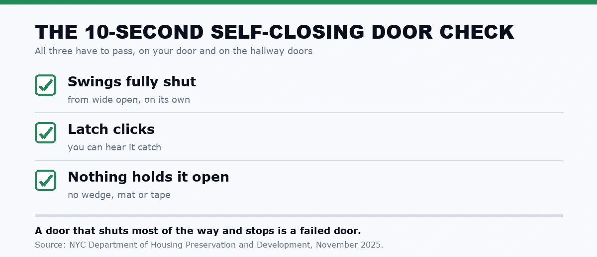 Three-point check for a NYC self-closing apartment door: it swings fully shut, the latch clicks, and nothing holds it open