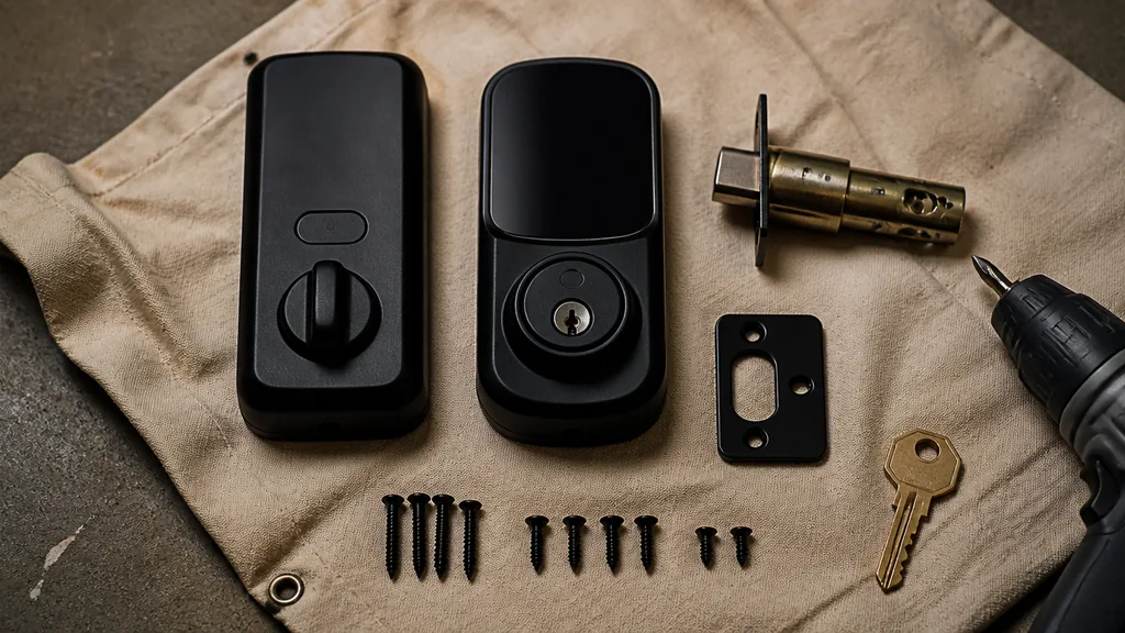 Smart deadbolt laid out before installation: both halves, bolt assembly, strike plate, screws, and key