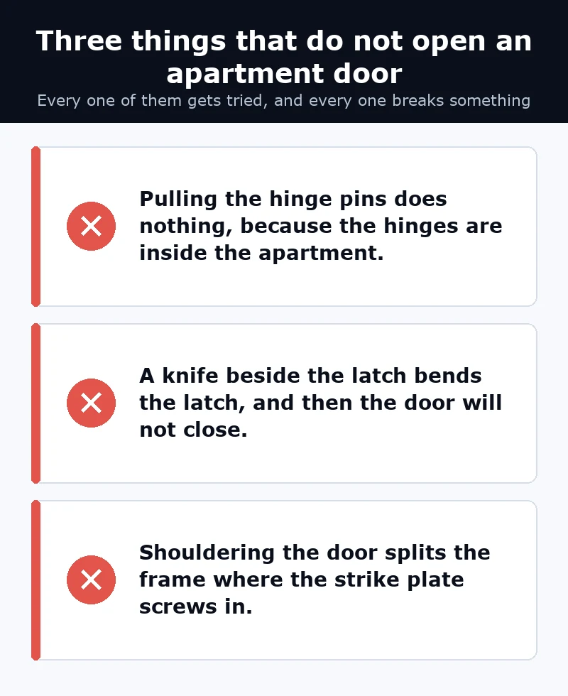 Stacked list of three lockout methods that fail on a city apartment door and what each one breaks