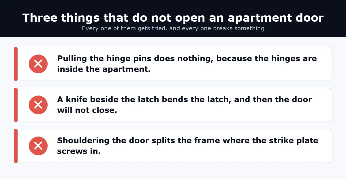 Three lockout methods that fail on an apartment entrance door: hinge pins, a knife by the latch, and shouldering the door