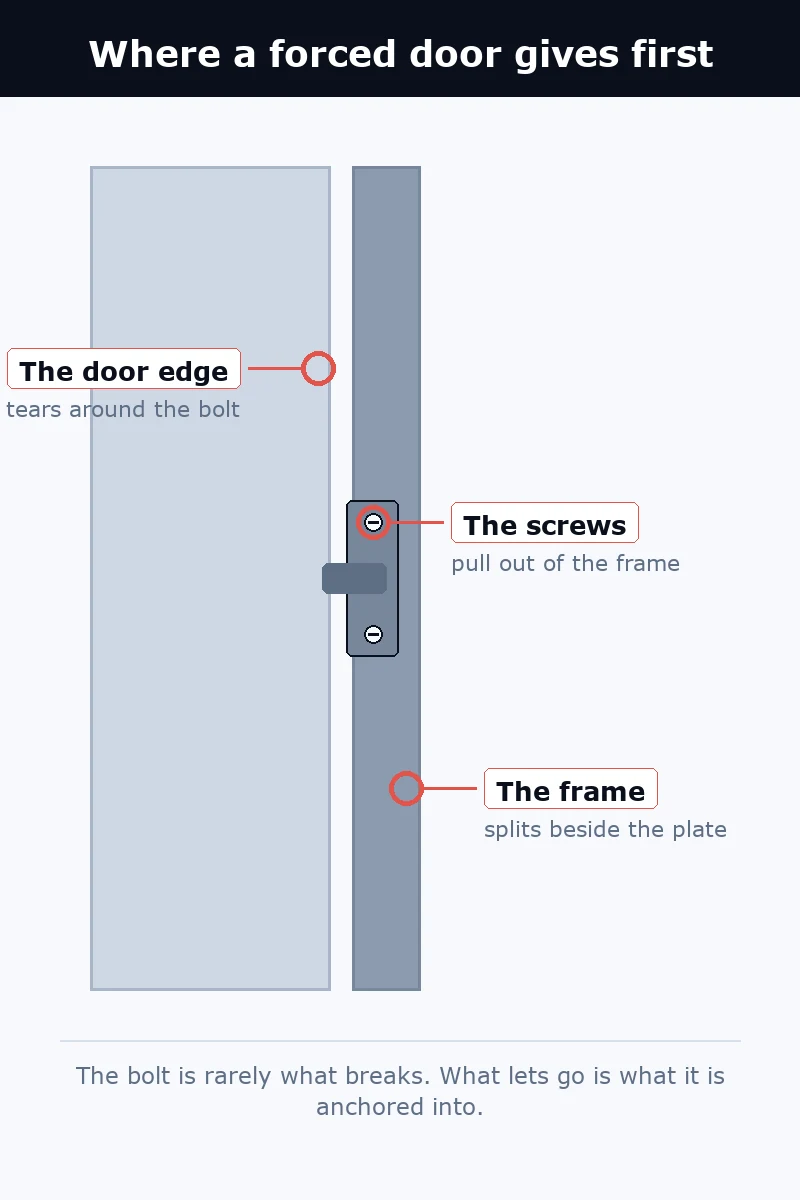 Portrait view of a door and frame with plate screws, frame and door edge marked as what gives way first