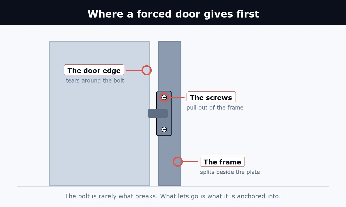 Apartment door and frame marked at the three places a forced door gives way: plate screws, frame and door edge